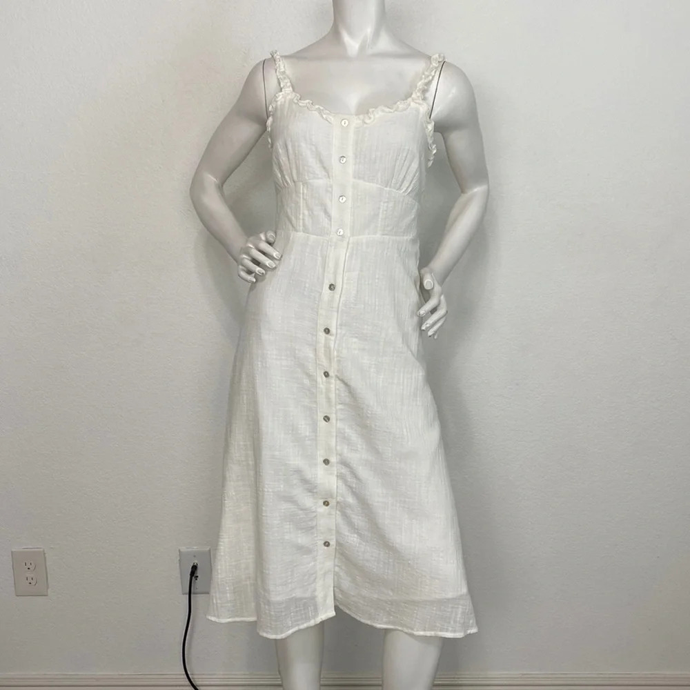 Giani Bernini White Romantic Button Front Ruffle Crepe Coquette Midi Dress Sz S